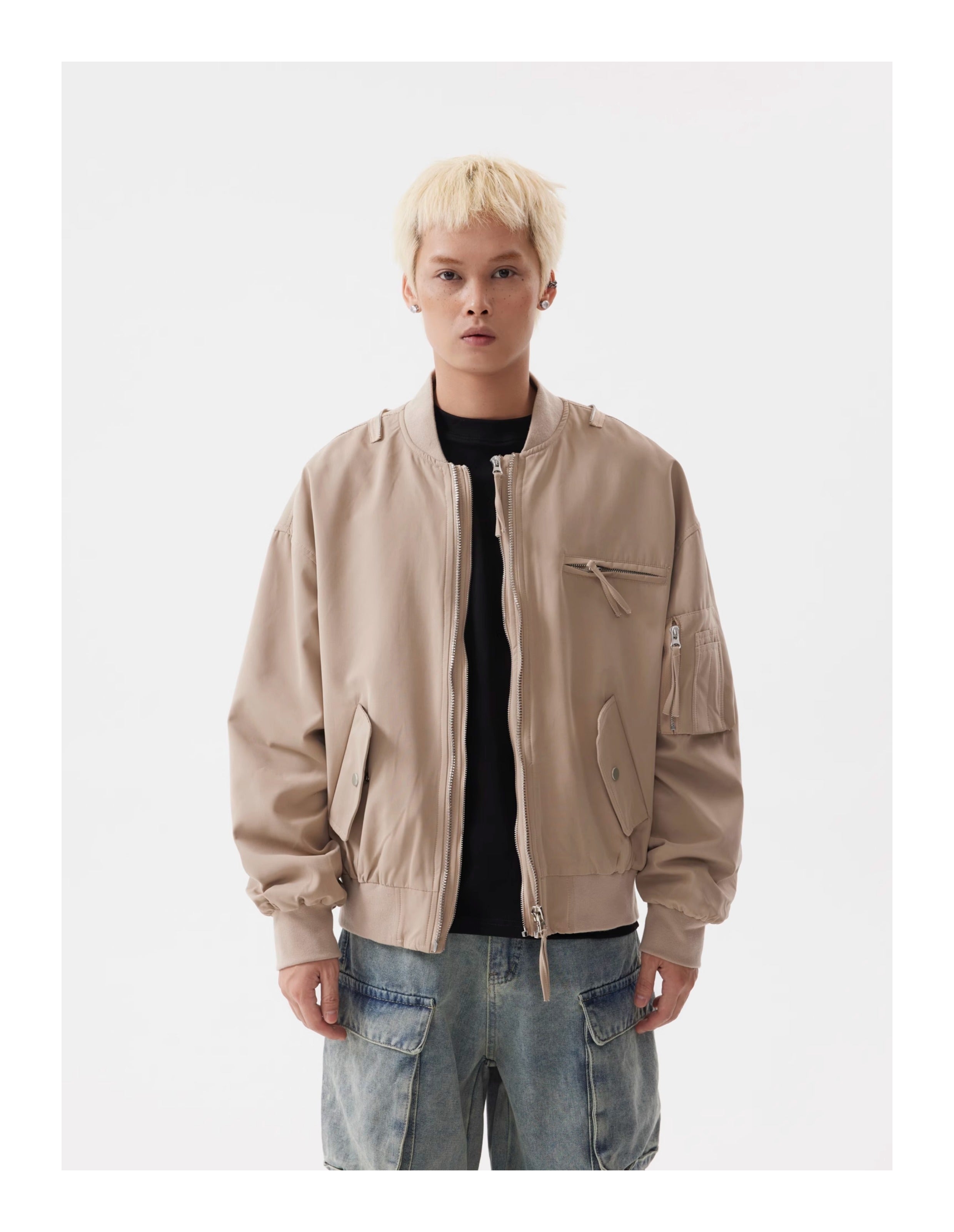 BTSG Heavy Duty Double Zipper Multi Pocket Cropped Bomber Jacket