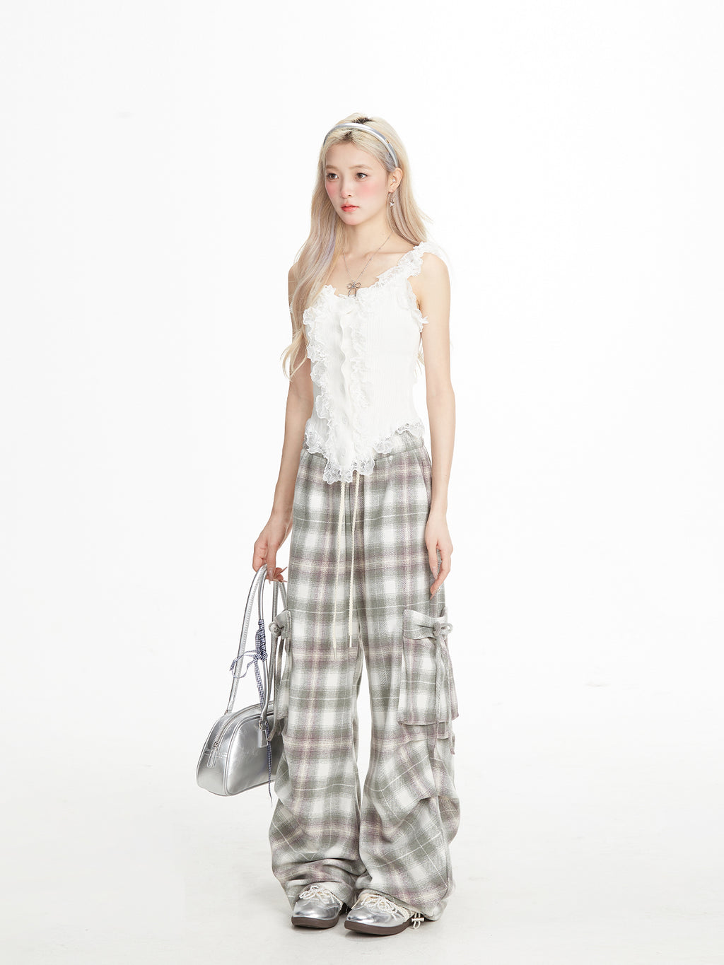 NERESUM Ballet Sweet Cool Bow Strappy Plaid Pants Slim Straight Casual Cargo Pants