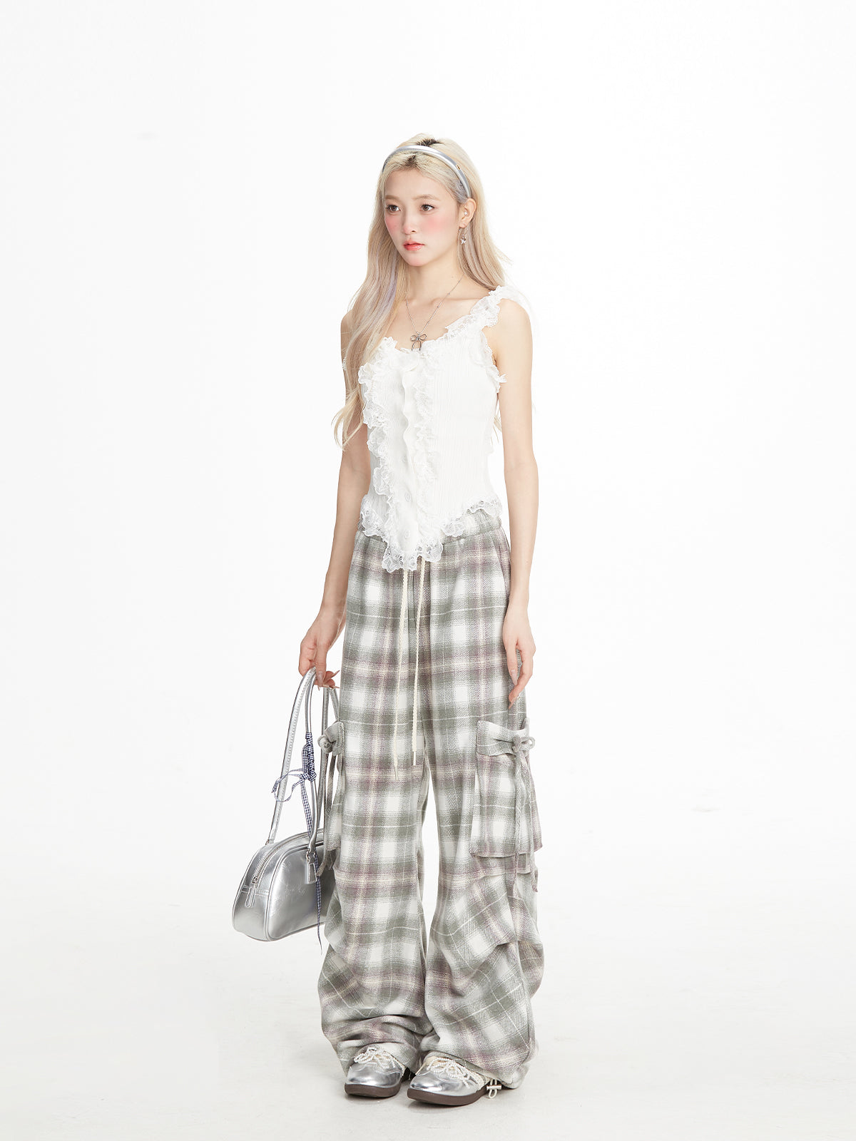 NERESUM Ballet Sweet Cool Bow Strappy Plaid Pants Slim Straight Casual Cargo Pants
