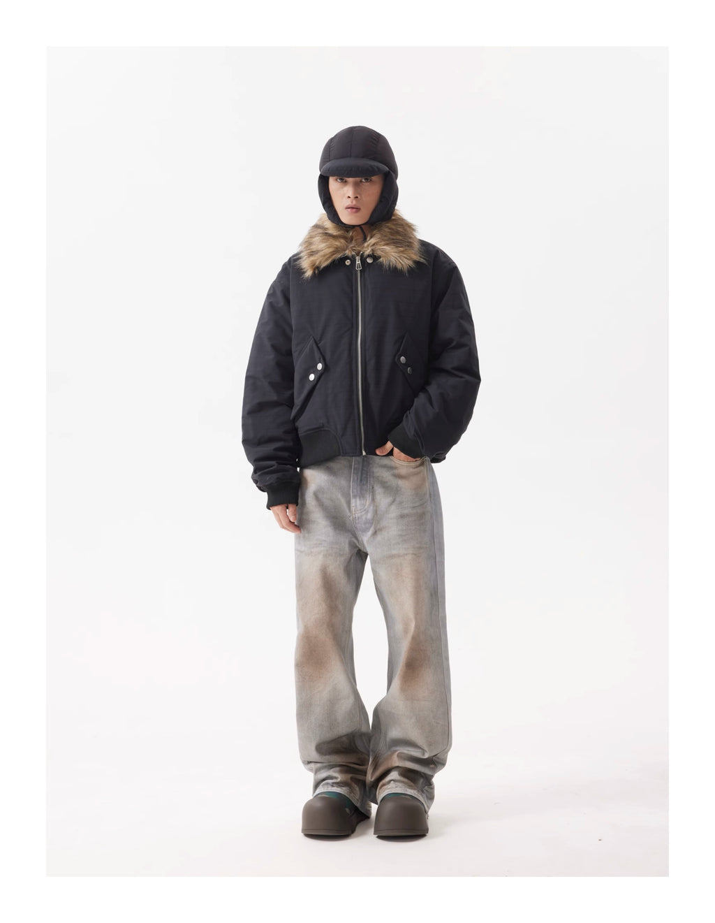 BTSG FUR Detachable Plush Collar Cropped Cargo Jacket