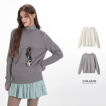 Nariele Solid Color Knitwear Crew Neck Pullover Sweater