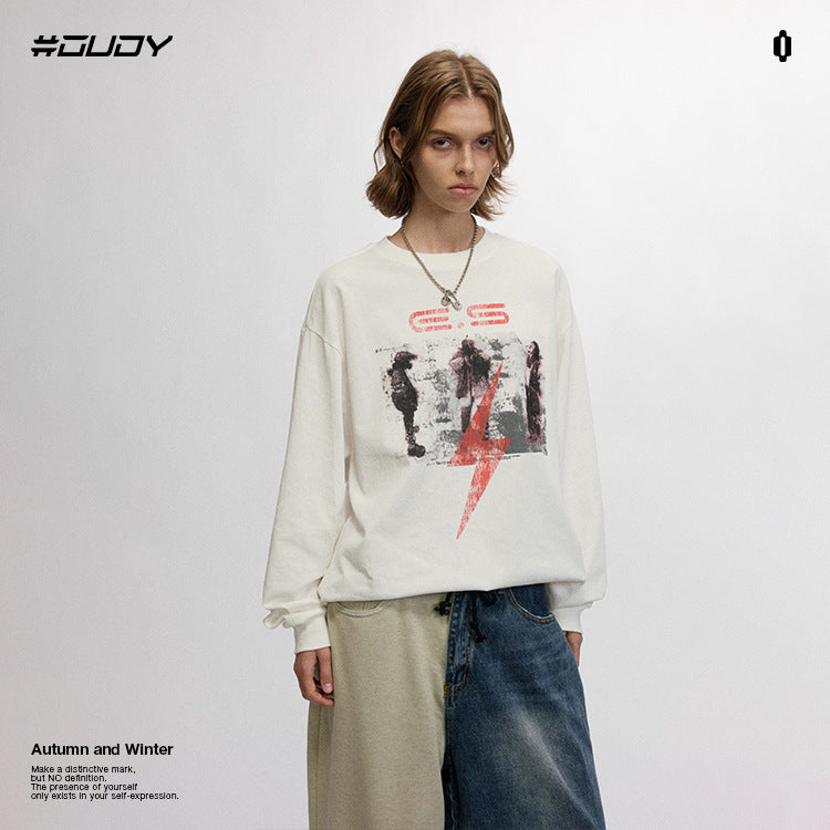 OVDY streetwear 260g long sleeve letter print drop shoulder sweatshirt
