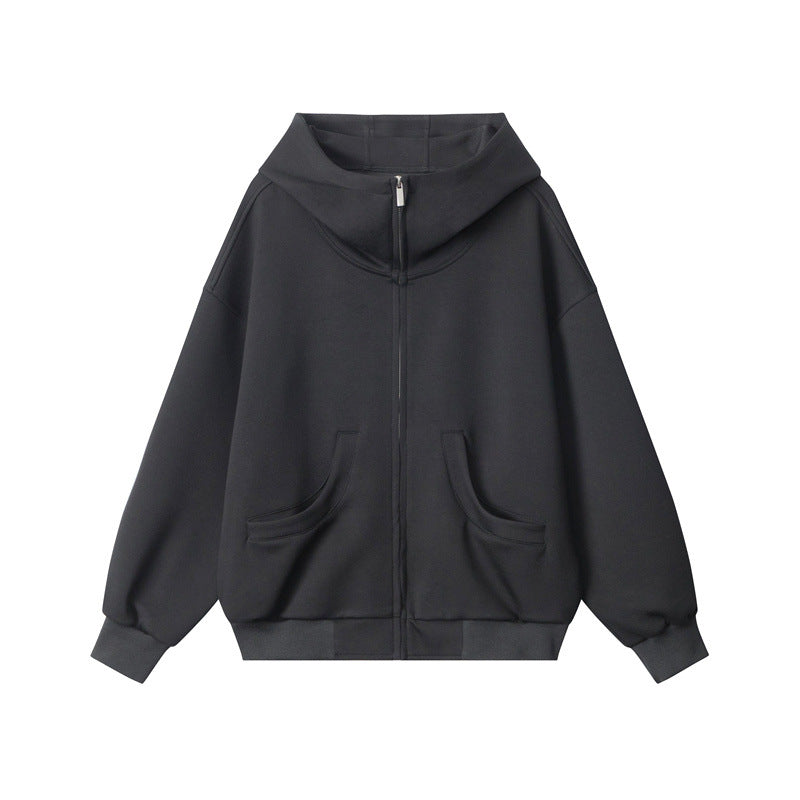 Nariele Retro Style Heavy Hoodie Trendy Zipper Solid Color Jackets