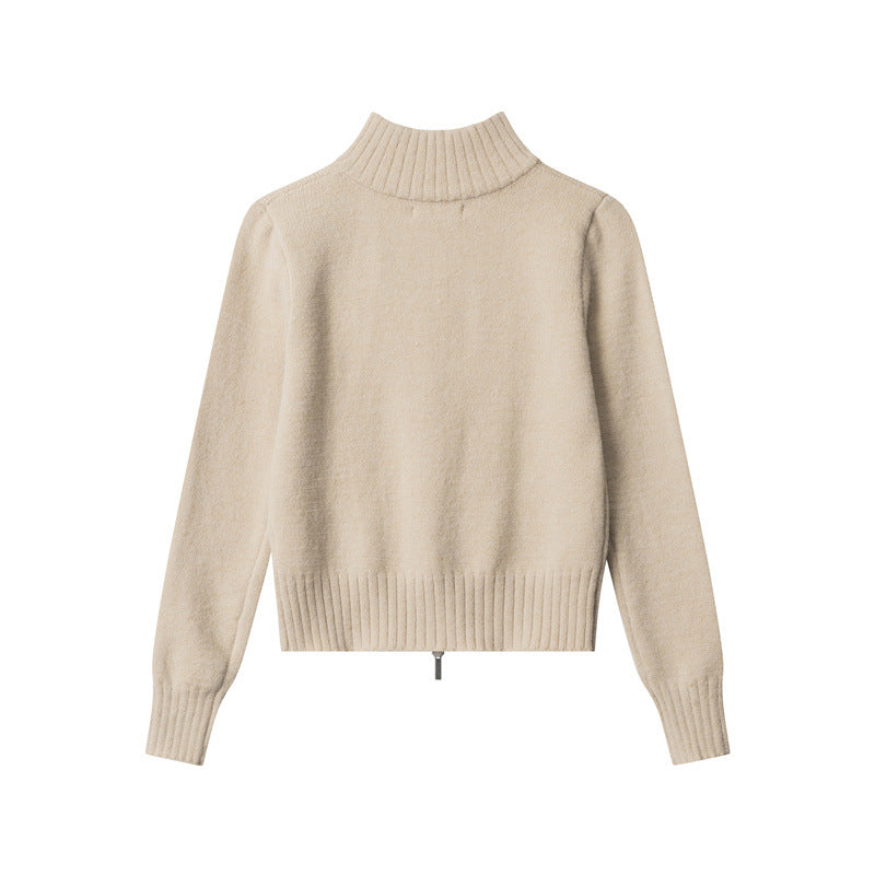 Nariele knitted cardigan letter embroidery knit sweater stand collar slim cropped Top