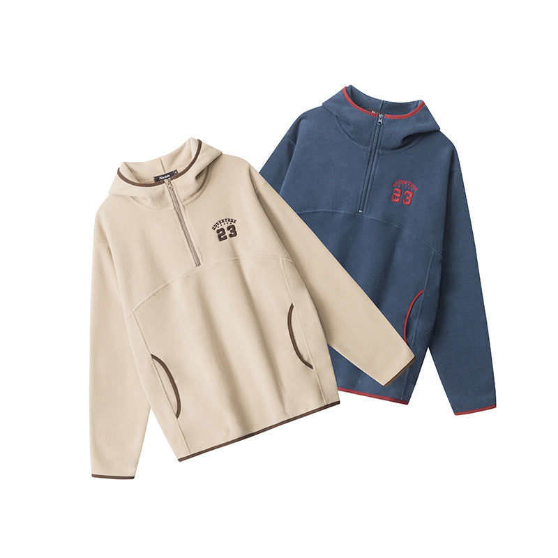 Nariele Letter Embroidery Half Zipper Hoodie Loose Sweatshirt