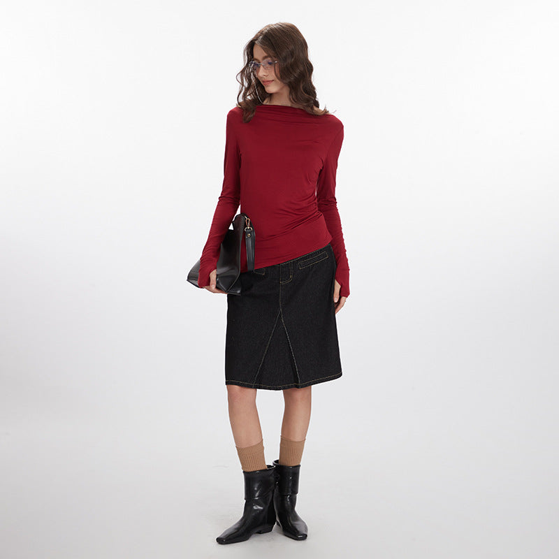 Nariele Elegant Irregular Slim T-Shirt Long Sleeve  Slope Collar Top