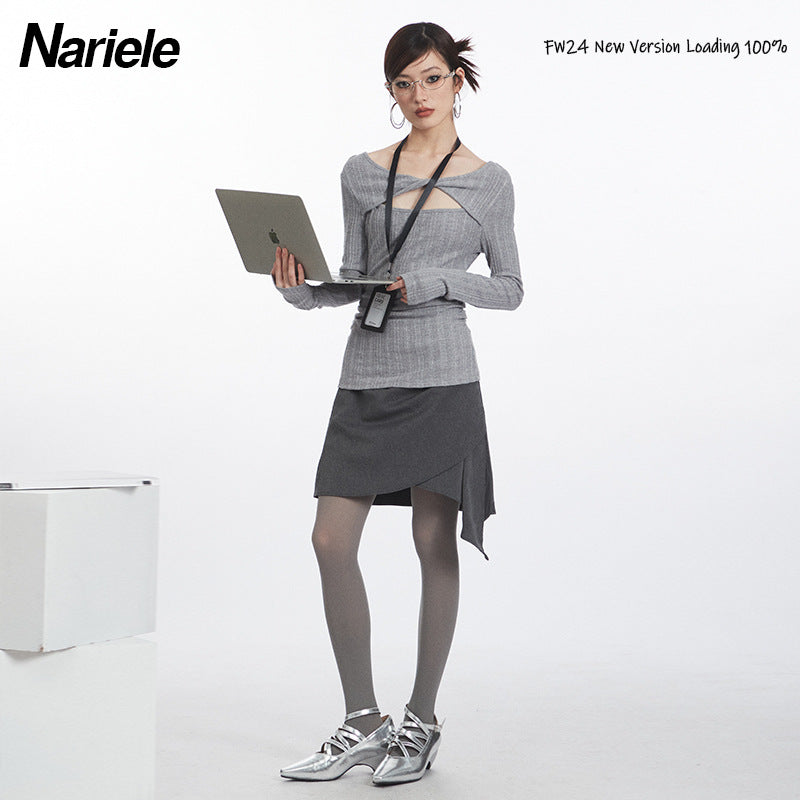 Nariele Cross Shoulder Hallow Long-sleeved Slim Fit Irregular Kint Sweater