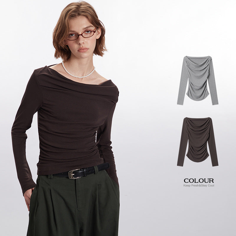 Nariele Wide Neck Long Sleeve T-Shirt Women's Irregular Cropped Babes Top