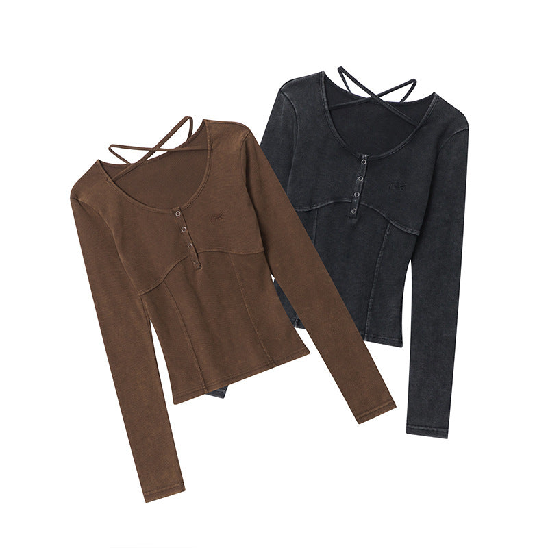 Nariele American solid color lace-up long sleeve Crop Top