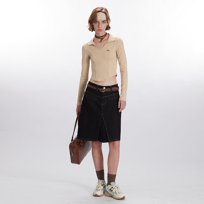 Nariele Long Sleeve T-Shirt Women's Fall New Polo Slim Curved Babes Crop Top
