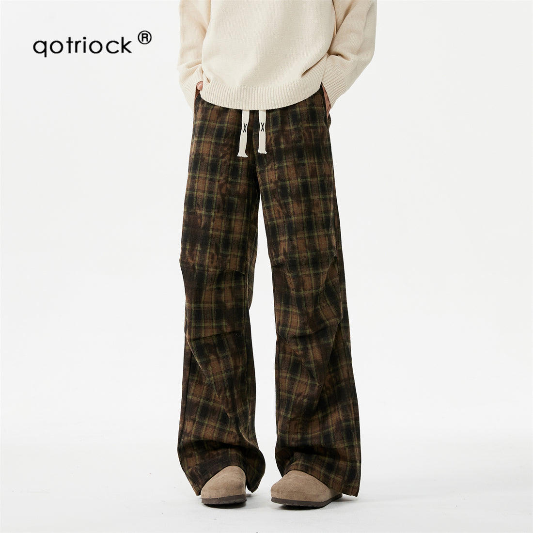 QOTRIOCK retro plaid Draped pants