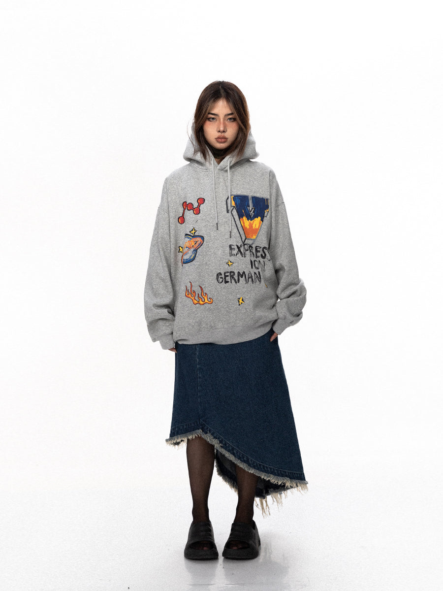 BLACKBB Loose Fleece Cartoon Print Hoodie