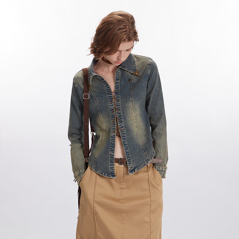 Nariele retro design denim Jacket cow-boy style top long sleeve short jacket