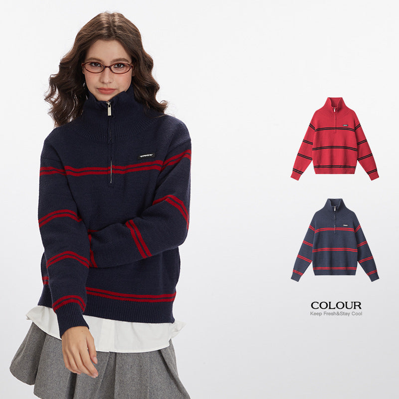 Nariele American Retro Sweater Lazy Loose Pullover Knit Half Zipper Jacket