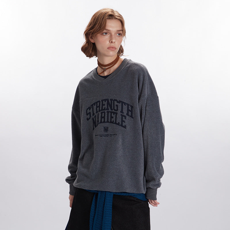 Nariele Unisex Cross Neck letter patch embroidery fake two-piece Casual sweatshirt