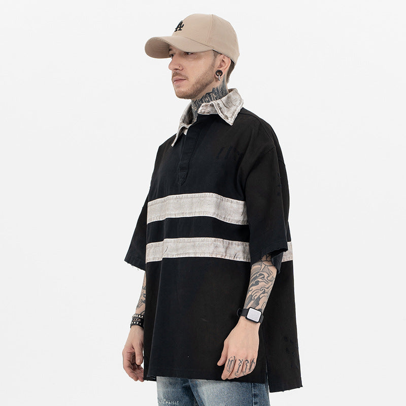 "clearance" FORGIVNESS Distressed Polo Dirty Dye Lapel Silhouette Double Short Sleeve Tee