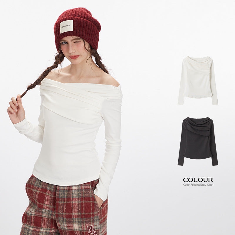 Nariele Long Sleeve Top T-shirt Off-shoulder Irregular Slim Fit Top