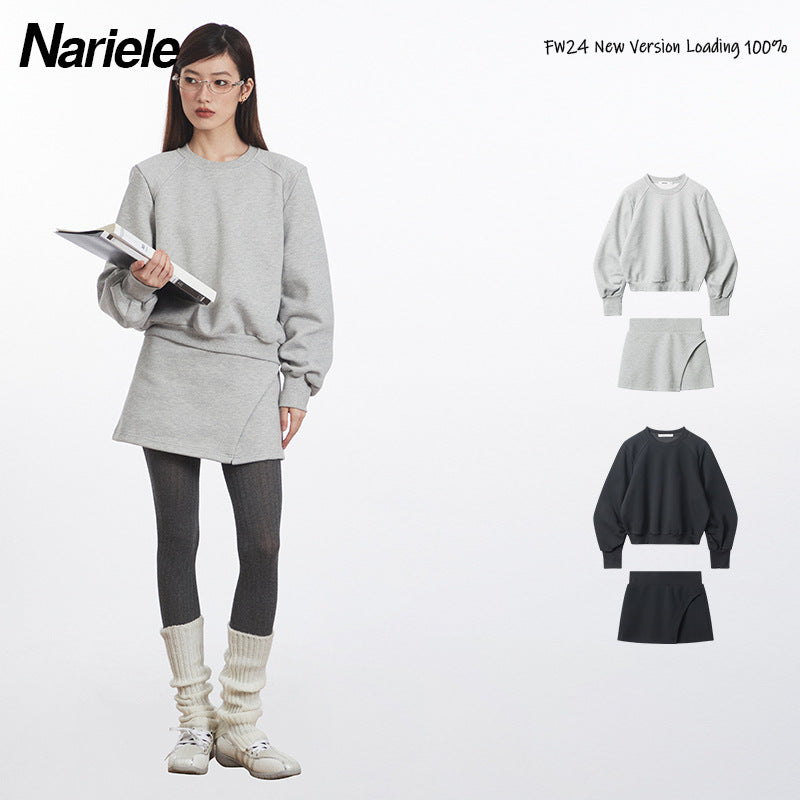 Nariele Round Neck Solid Color Pullover Sweet Short Sweatshirt