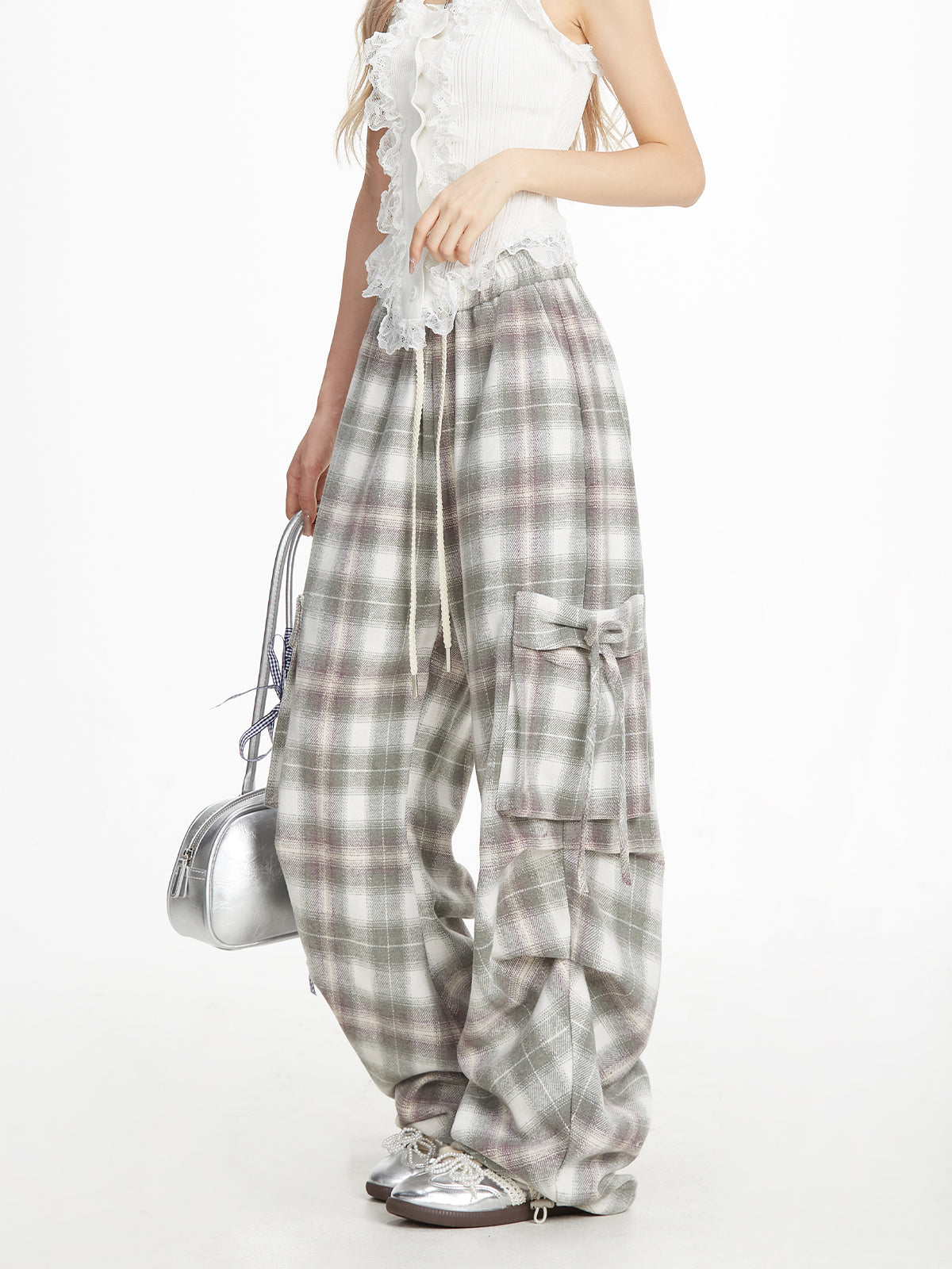 NERESUM Ballet Sweet Cool Bow Strappy Plaid Pants Slim Straight Casual Cargo Pants