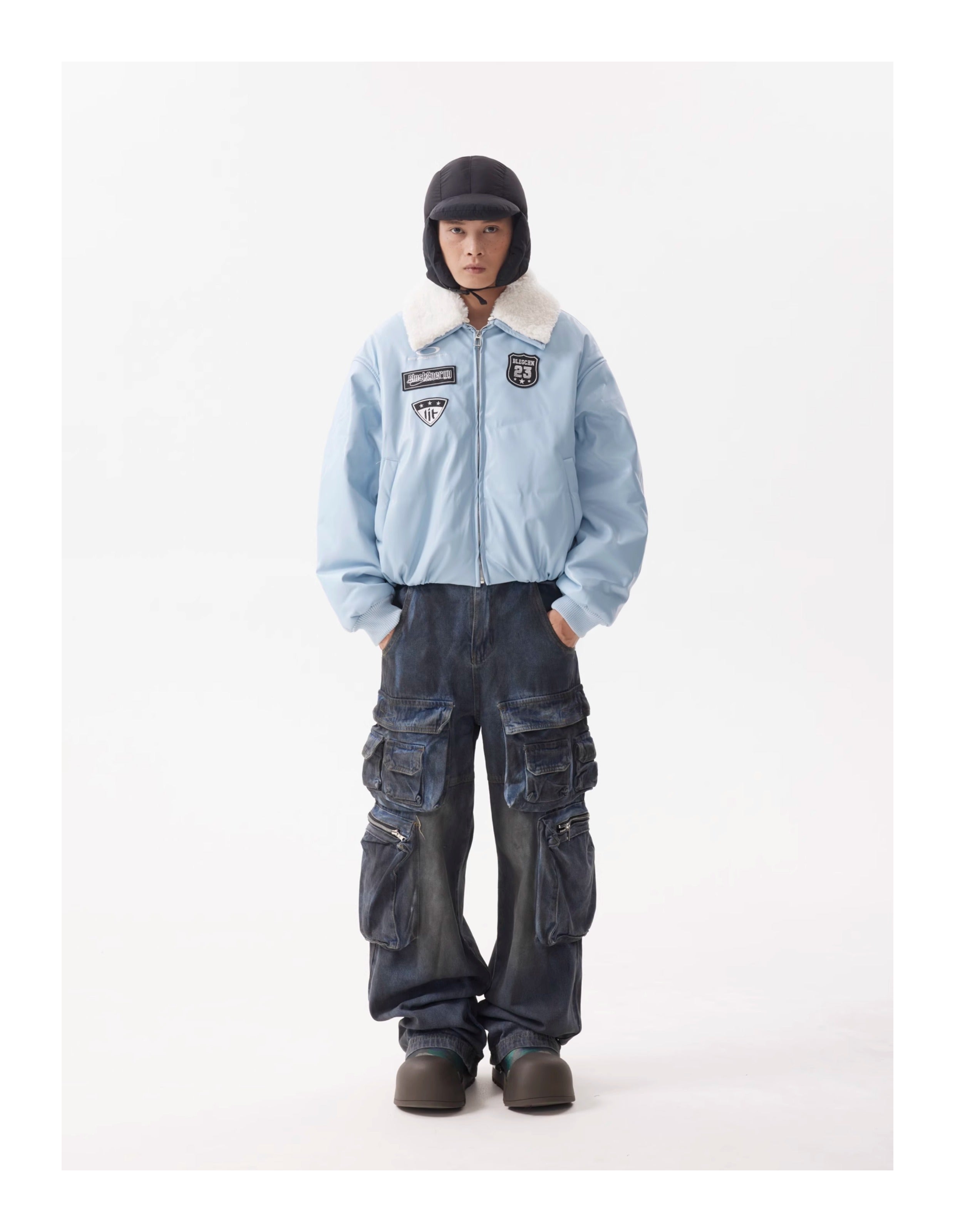 BTSG Leather Fur Collar Stitched Badges Padded Jacket