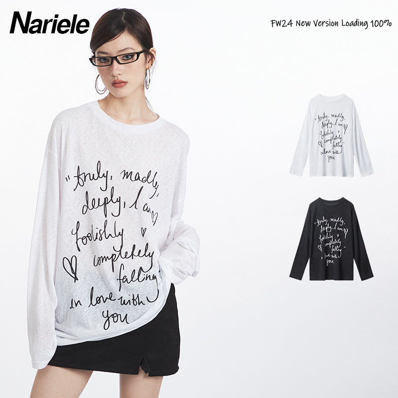 Nariele Oversize Letter Print Light Loose Long Sleeves T-Shirt