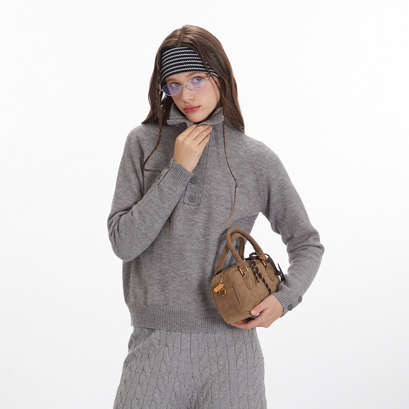Nariele Stand Neck Buttons Sweater Knit Solid Color Base Waer Thermal Top