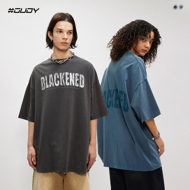 #OVDY Unisex Oversize Retro Fried Wash Hand-Painted Print Short Sleeve T-Shirt