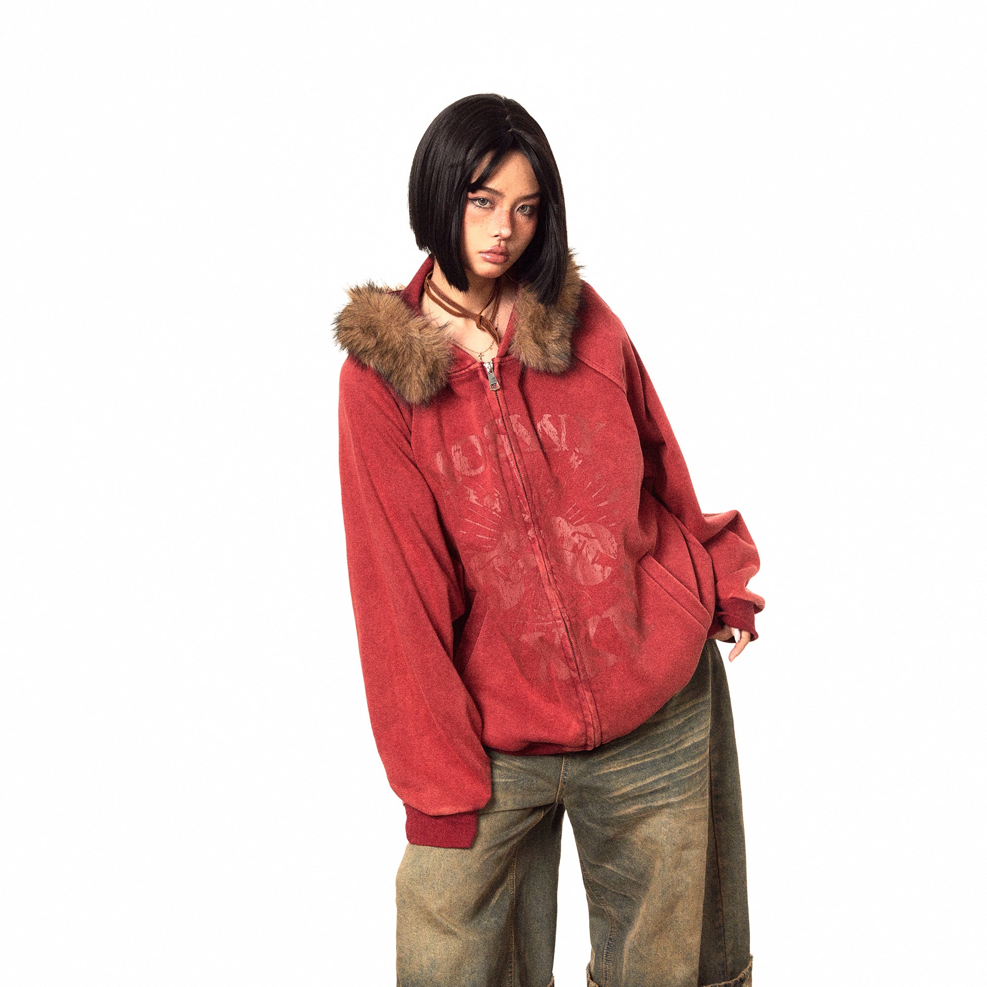 سترة BLACKBB ذات ياقة من الفرو البني الأمريكي بسحاب وطبعة