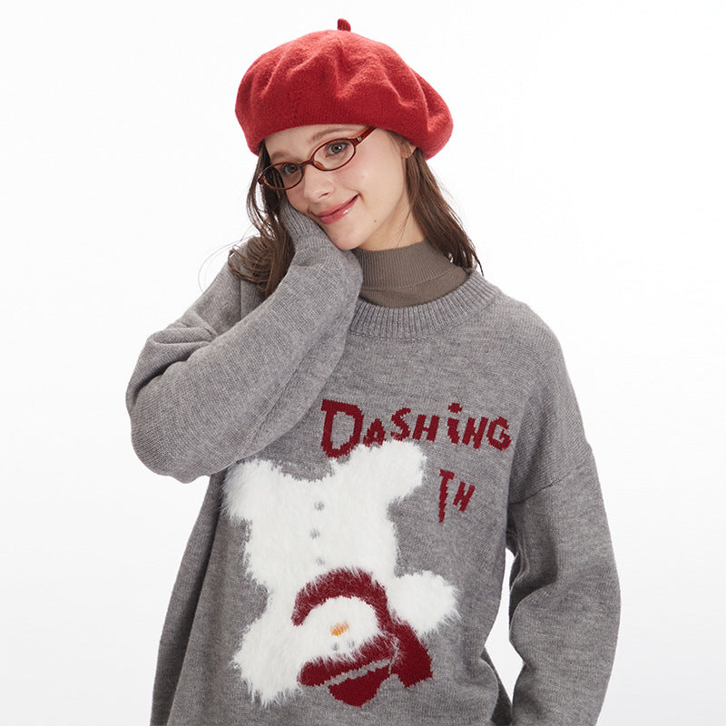 Nariele letter Bear cartoon round neck pullover loose knit sweater