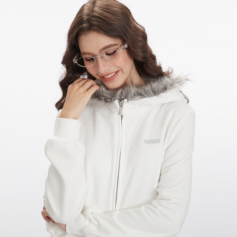 Nariele Fur Hood Embroidery Design Short Sweatshirt Zipper Hoodie