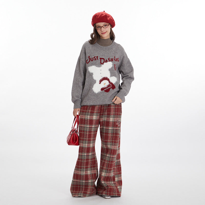 Nariele letter Bear cartoon round neck pullover loose knit sweater