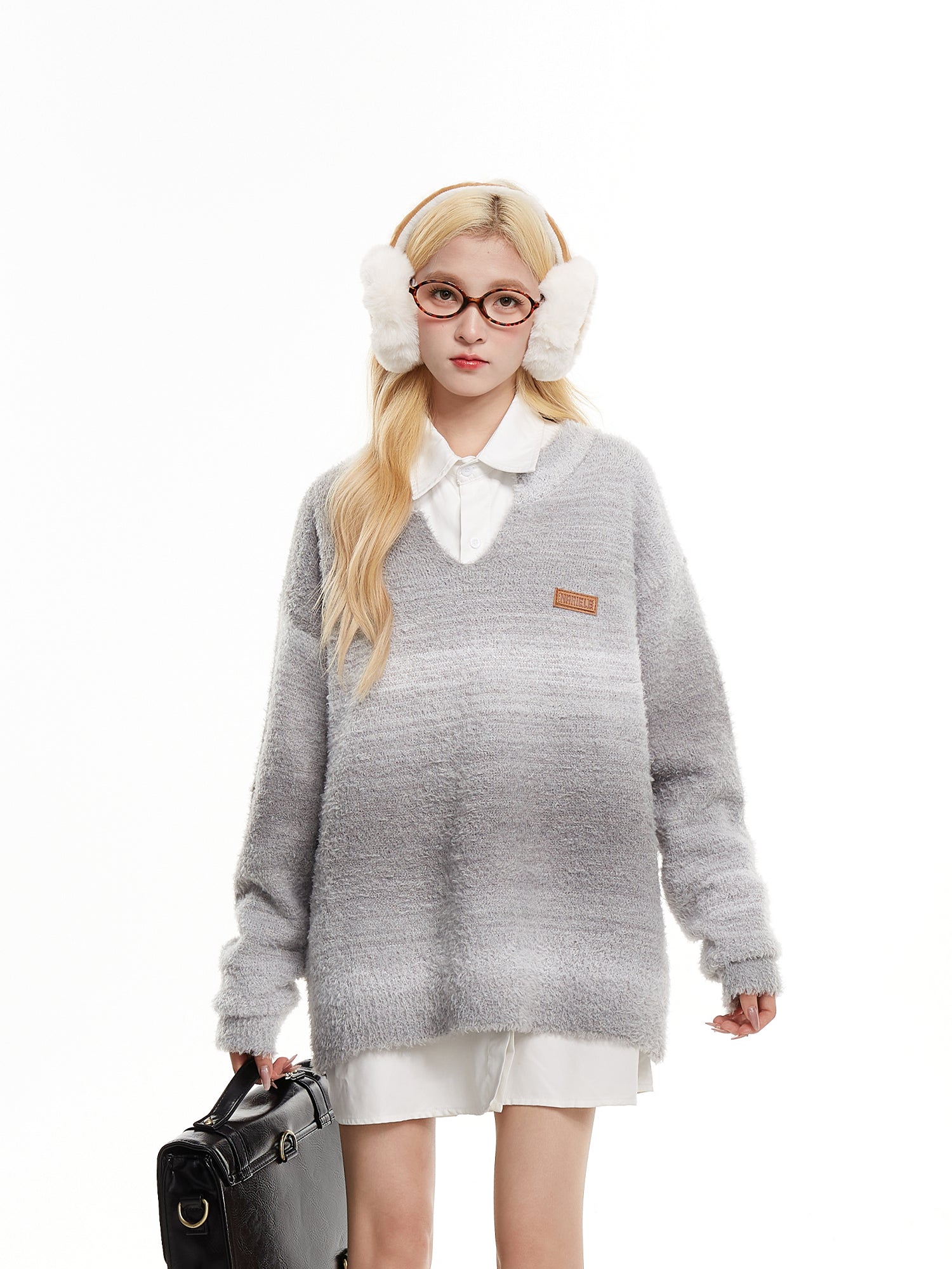Nariele Japanese retro soft waxy gradient sweater V-neck sweater lazy style casual knitwear