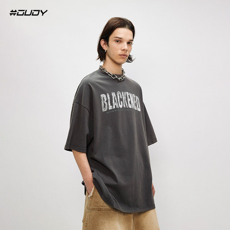 #OVDY Unisex Oversize Retro Fried Wash Hand-Painted Print Short Sleeve T-Shirt