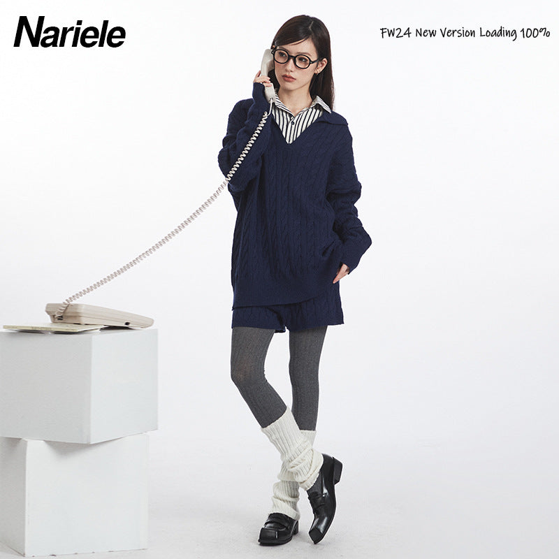 Nariele New Polo Collar Sweater Set Pullover Twist Knitting Shorts Top Set