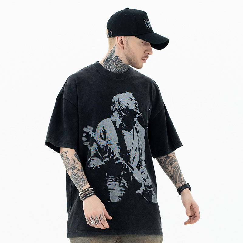 تي شيرت SUP أمريكي ثقيل الوزن ريترو روك جيتار مطبوع بأكمام قصيرة