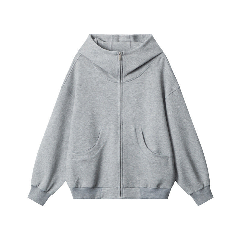 Nariele Retro Style Heavy Hoodie Trendy Zipper Solid Color Jackets