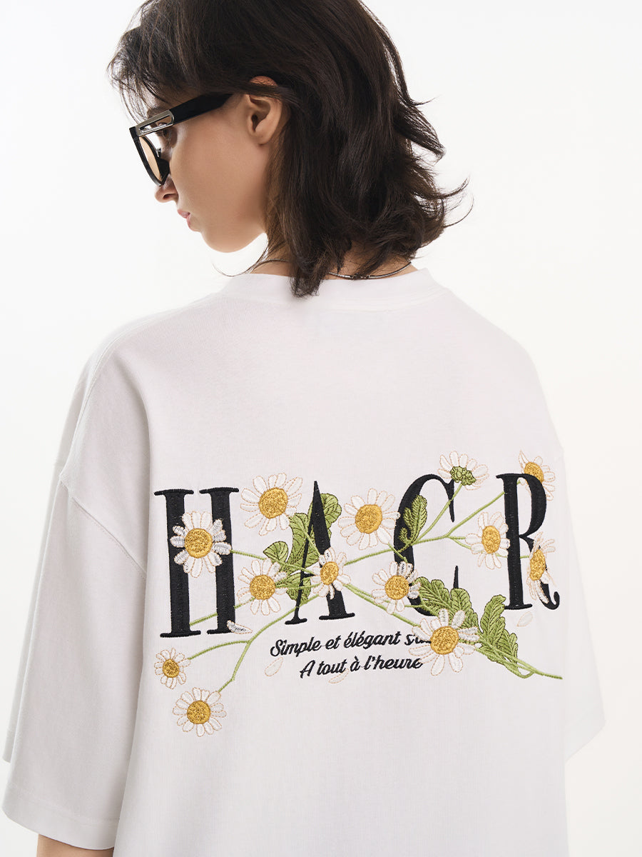 harshandcruel ] floral typography, heavy-duty embroidered tee