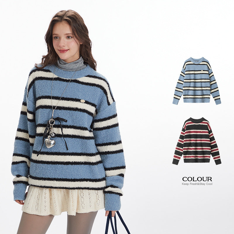 Nariele vintage striped crew neck sweater loose Puffy knit pullover Sweater