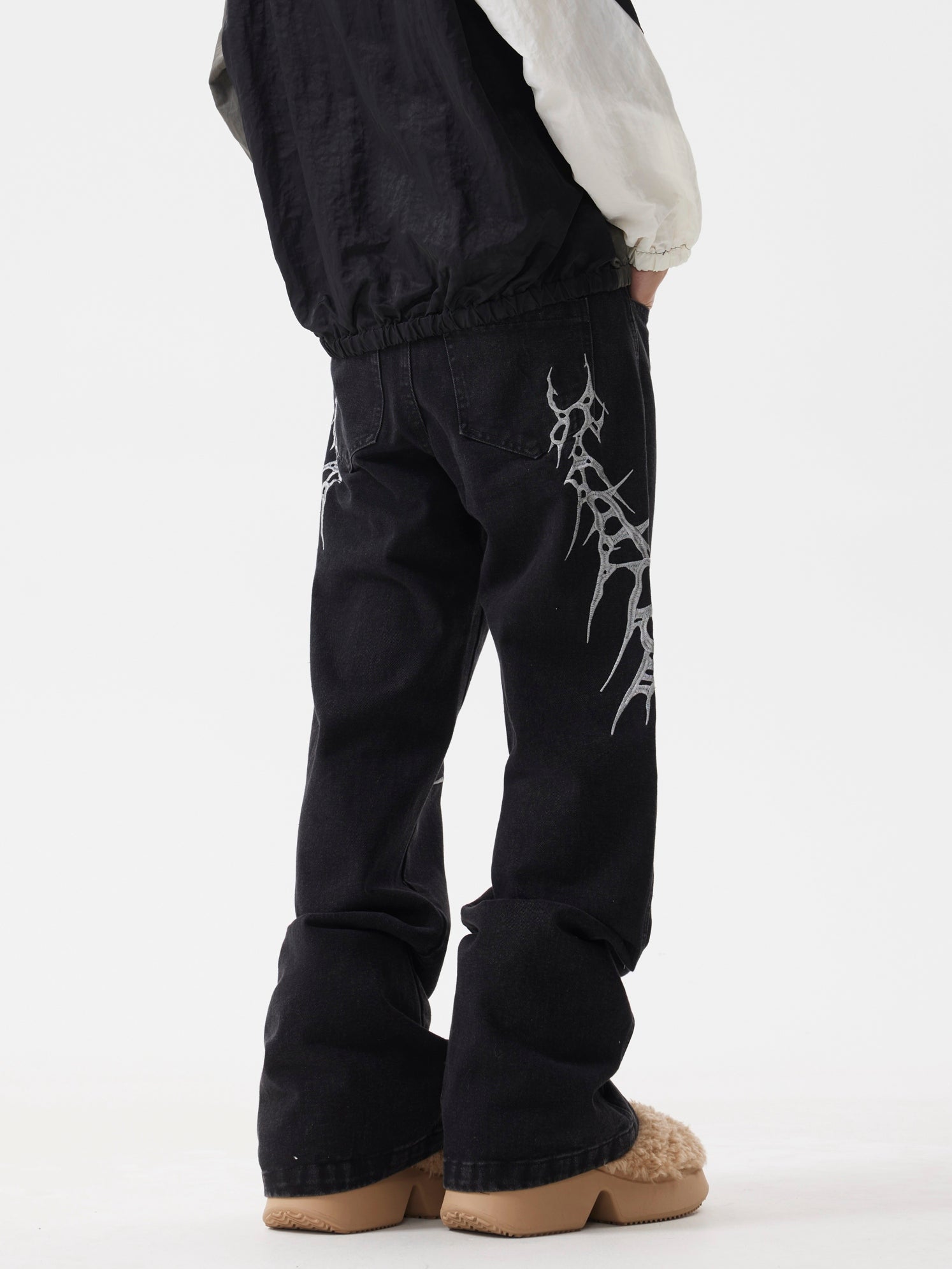 BTSG Niche Vintage Wash Thorn Embroidery Bootcut Jeans