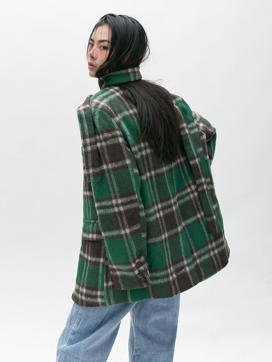 BLACKBB Loose Vintage Green Check Tweed Blazer Coat