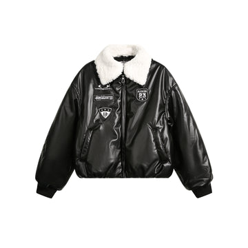 BTSG Leather Fur Collar Stitched Badges Padded Jacket