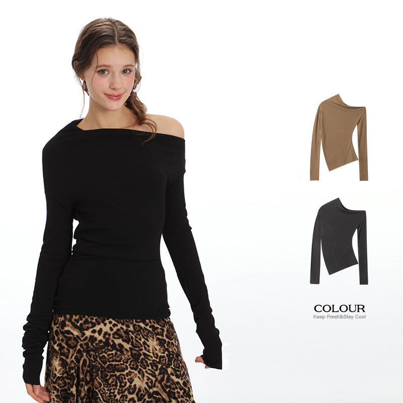 Nariele Irregular Shoulder Long-sleeved Crop Top Slim Chic T-shirt