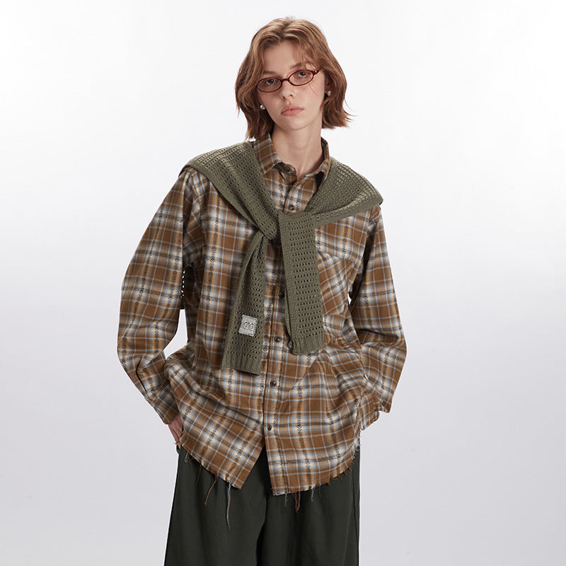 Nariele Plaid Shirt Long Sleeve Niche Design Unisex Shirt with Edges Loose Retro Top