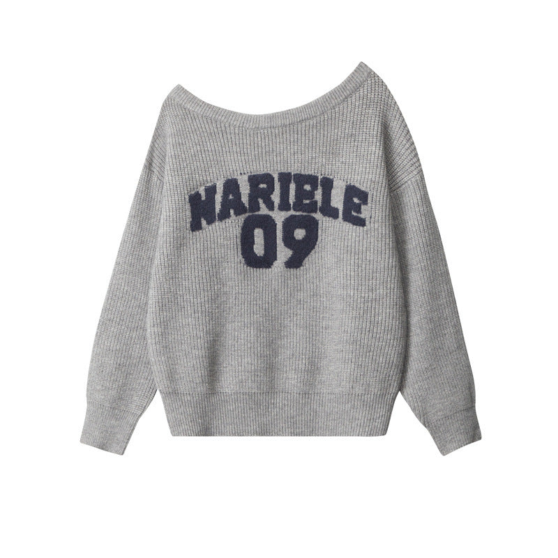 Nariele Letter  Loose Off-Shoulder Pullover Knit Vintage Casual Sweater