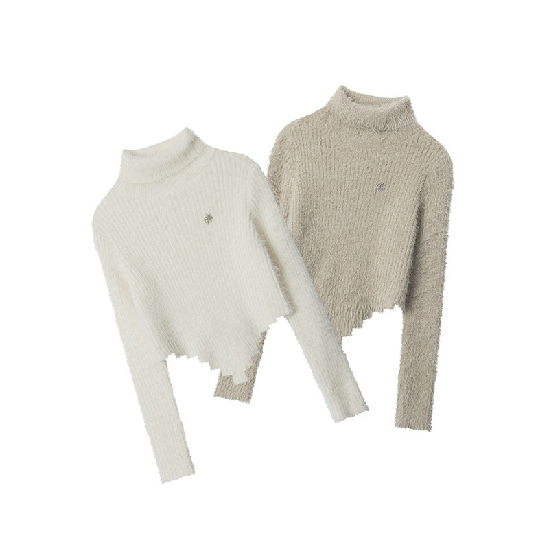 Nariele New Hem Irregular Design Turtleneck Knitting Niche Cropped Top Slim Fit Sweater