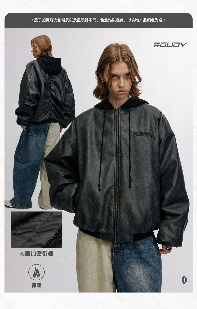 #OVDY Street Wear Retro Loose Thick Hood Zipper Leather Jacket