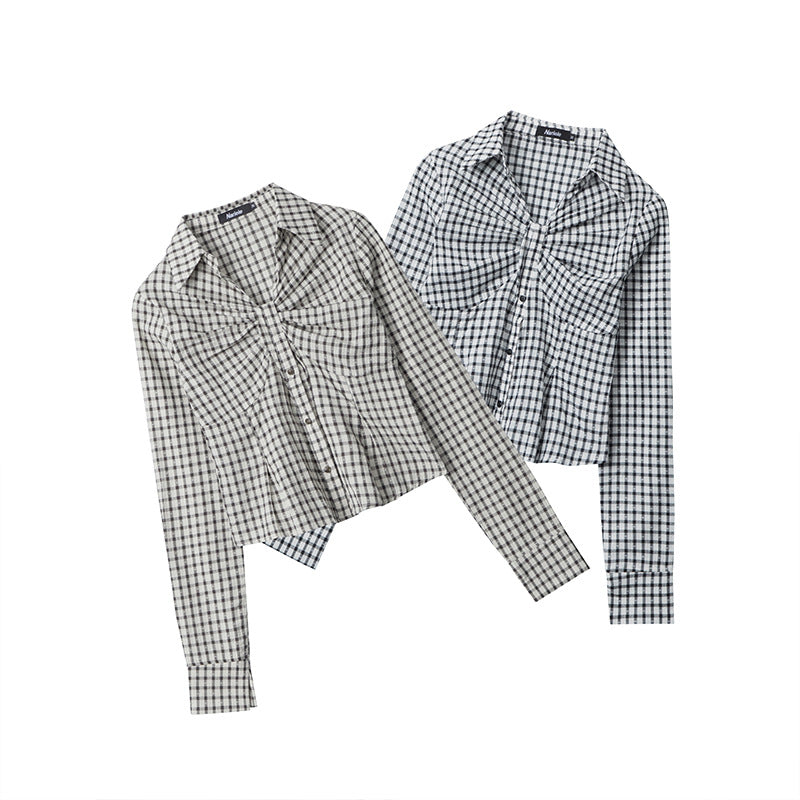 Nariele Plaid Ruffle Design New Shirt Long Sleeve Women's Crop Slim Shirt Girl Style Top