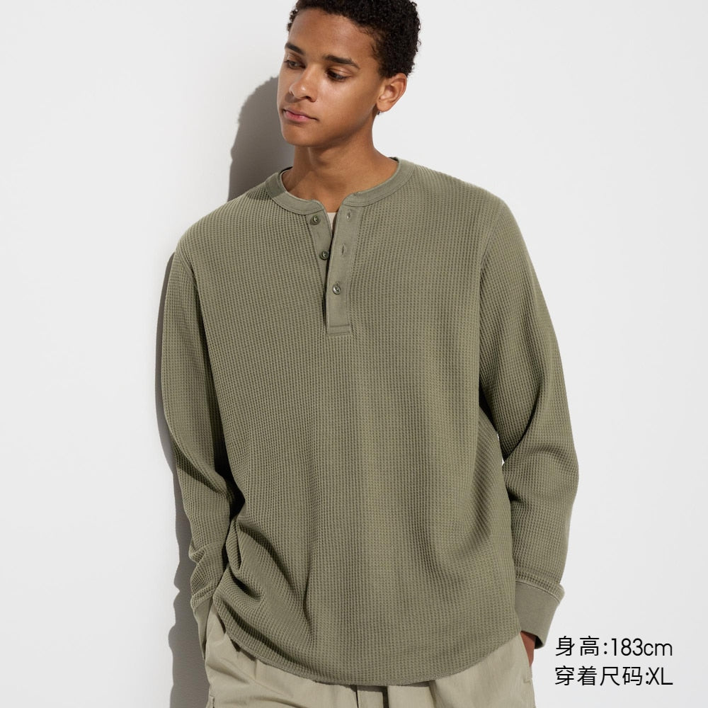 Uniqlo Couple Waffle Henley Collar Pullover Long Sleeve Tee