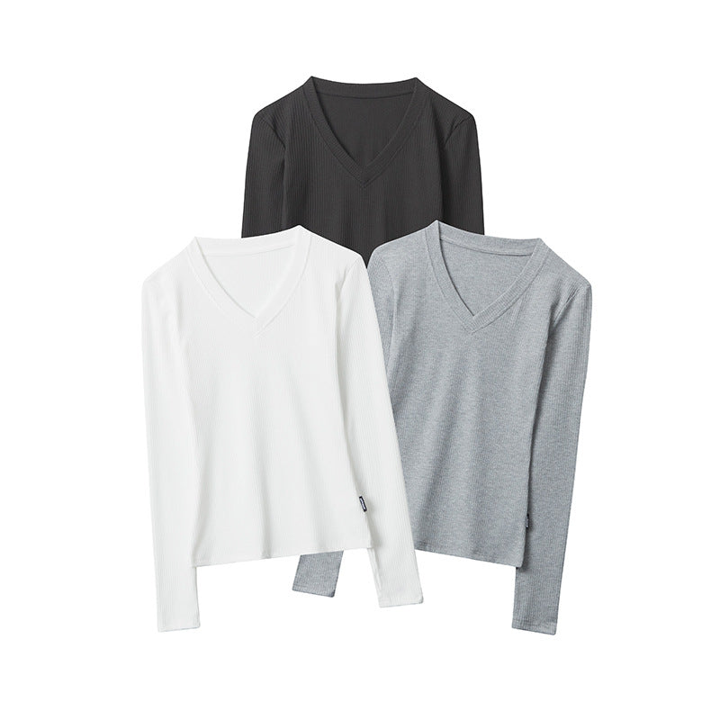 Nariele Deep V Neck Long Sleeve T-Shirt Slim Solid Top