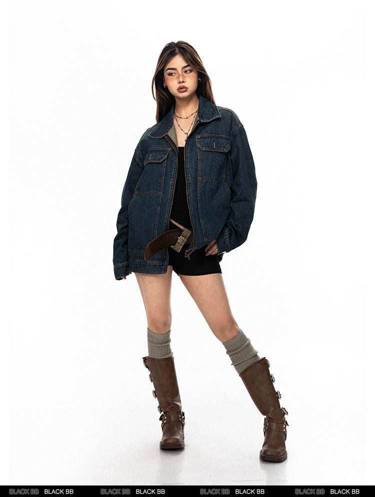 BLACKBB American Vintage Embroidery Washed Gradient Denim Zipper Up Jacket